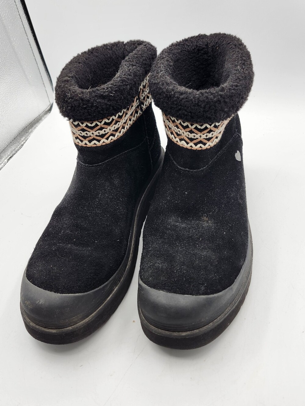 Women’s Black Suede Winter Ankle Boots with Patterned Cuff